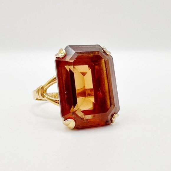 Avon Jewelry - Vintage Emerald Cut Topaz Citrine Rhinestone Costume Cocktail Ring Size 8